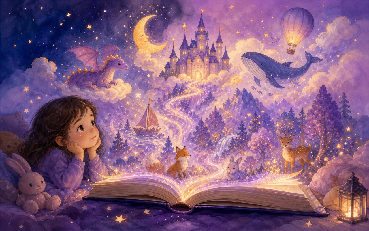 Crianças sentadas lendo livros ilustrados cercadas por personagens da Turminha e estrelas douradas