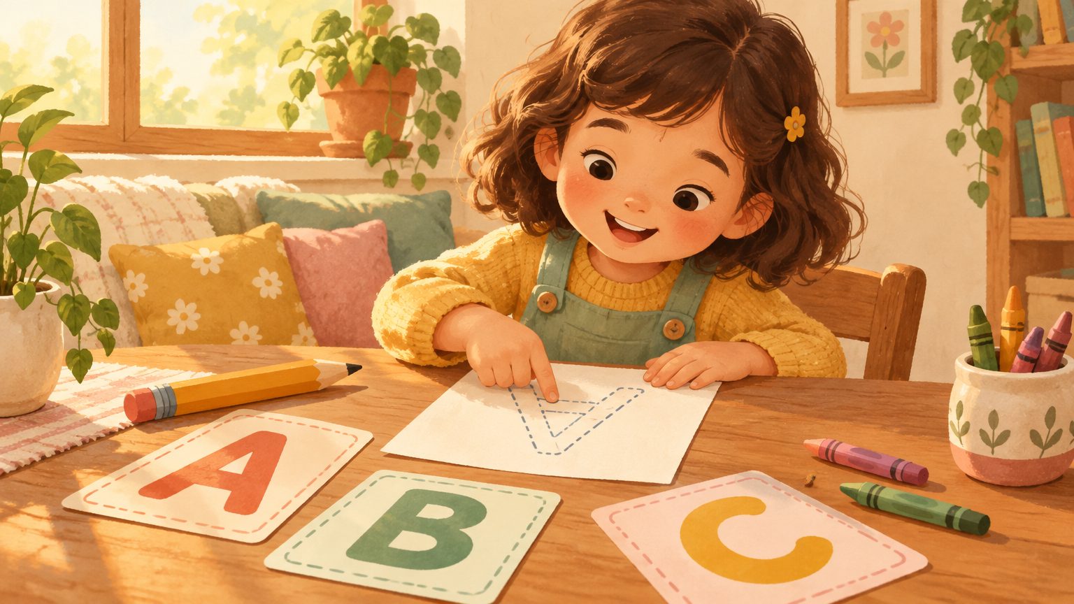 Criança na mesa com cartões de letras do alfabeto, lápis e giz de cera, capa de um guia de atividades de alfabetização em casa