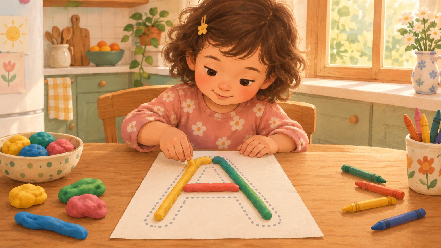 Criança de 3 anos traçando uma letra com massinha sobre o tracejado, atividade de alfabetização para crianças de 3 a 5 anos