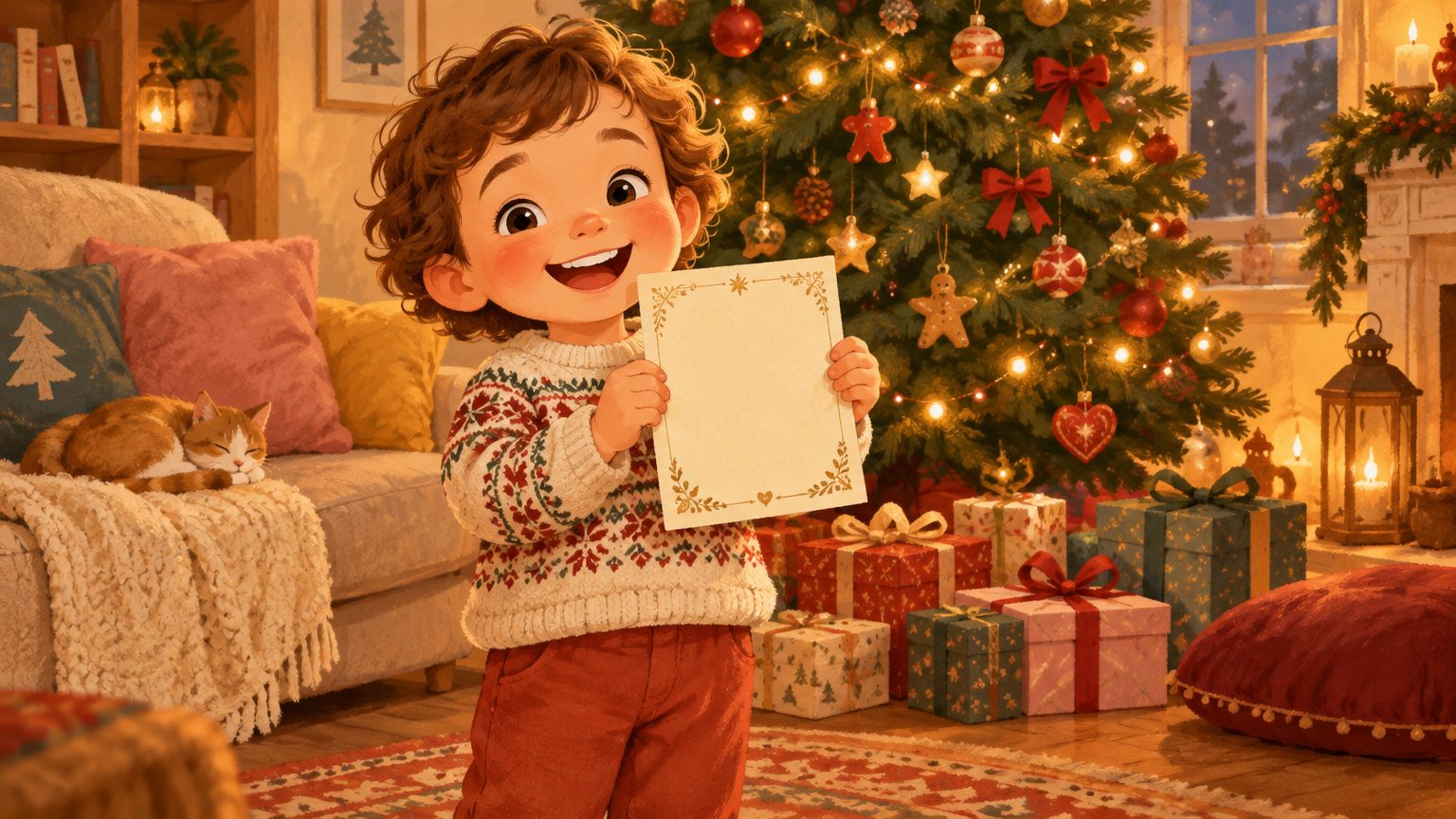 Criança pequena segurando a cartinha do Papai Noel na frente da árvore de Natal, modelo para crianças de 2 a 4 anos