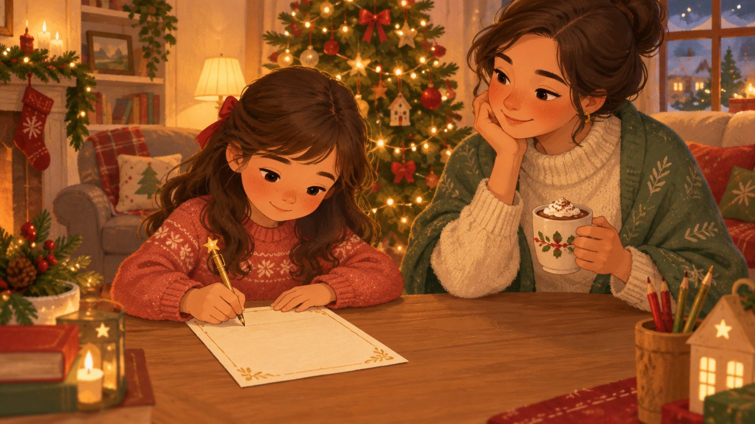 Criança de 7 anos escrevendo a carta do Papai Noel com o pai acompanhando, atividade para fazer em família