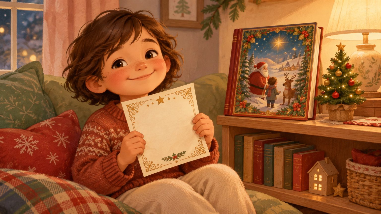 Criança segurando a cartinha do Papai Noel ao lado do livro personalizado de Natal na estante