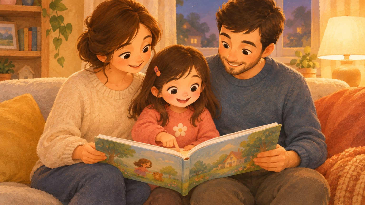 Pais lendo com a criança um livro personalizado infantil no sofá, em uma noite tranquila em casa