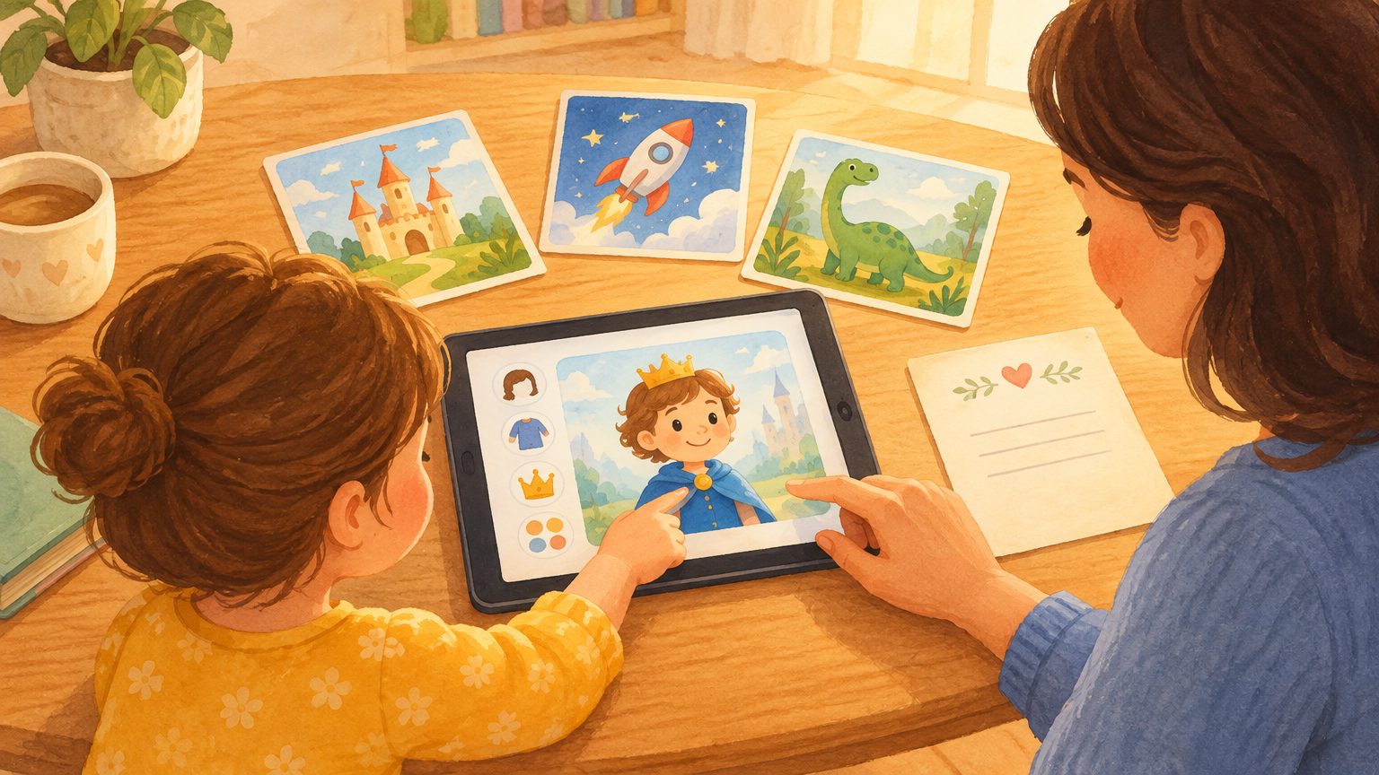 Mãos de pai e filha montando juntos um livro personalizado infantil em um tablet, com cartões de temas de história sobre a mesa