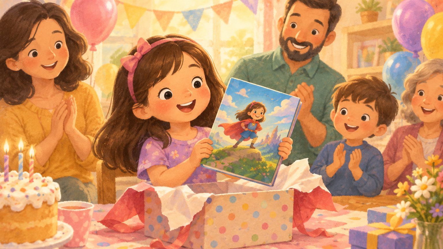 Criança abrindo presente de aniversário: um livro personalizado infantil com o nome dela