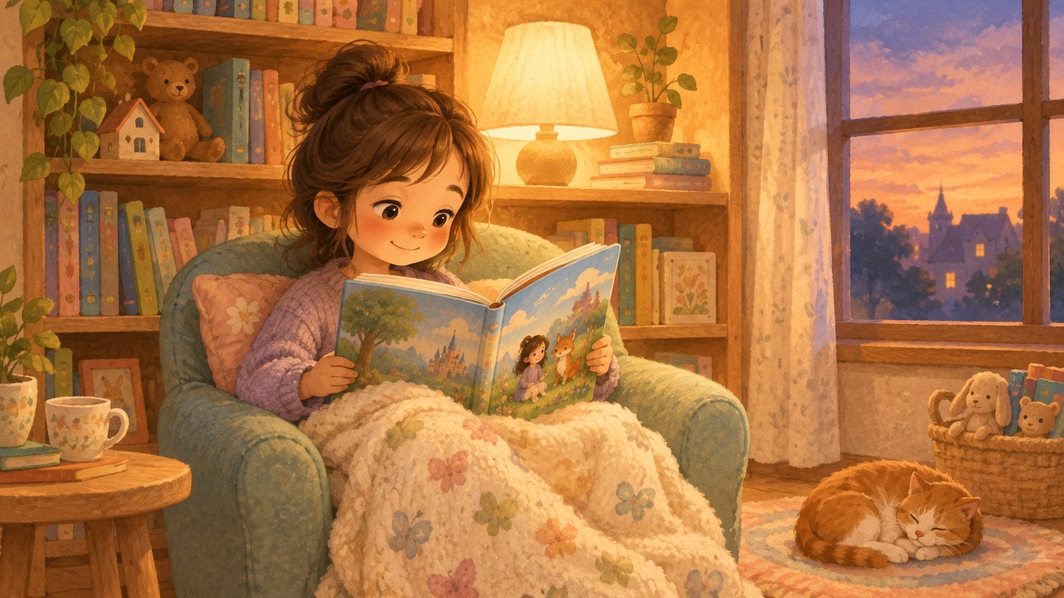 Menina no cantinho de leitura folheando seu livro personalizado infantil impresso, com estante de livros ao fundo