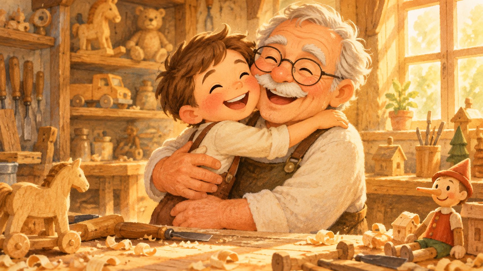 Pinóquio transformado em menino de verdade abraçando Gepeto, em ilustração infantil de final feliz