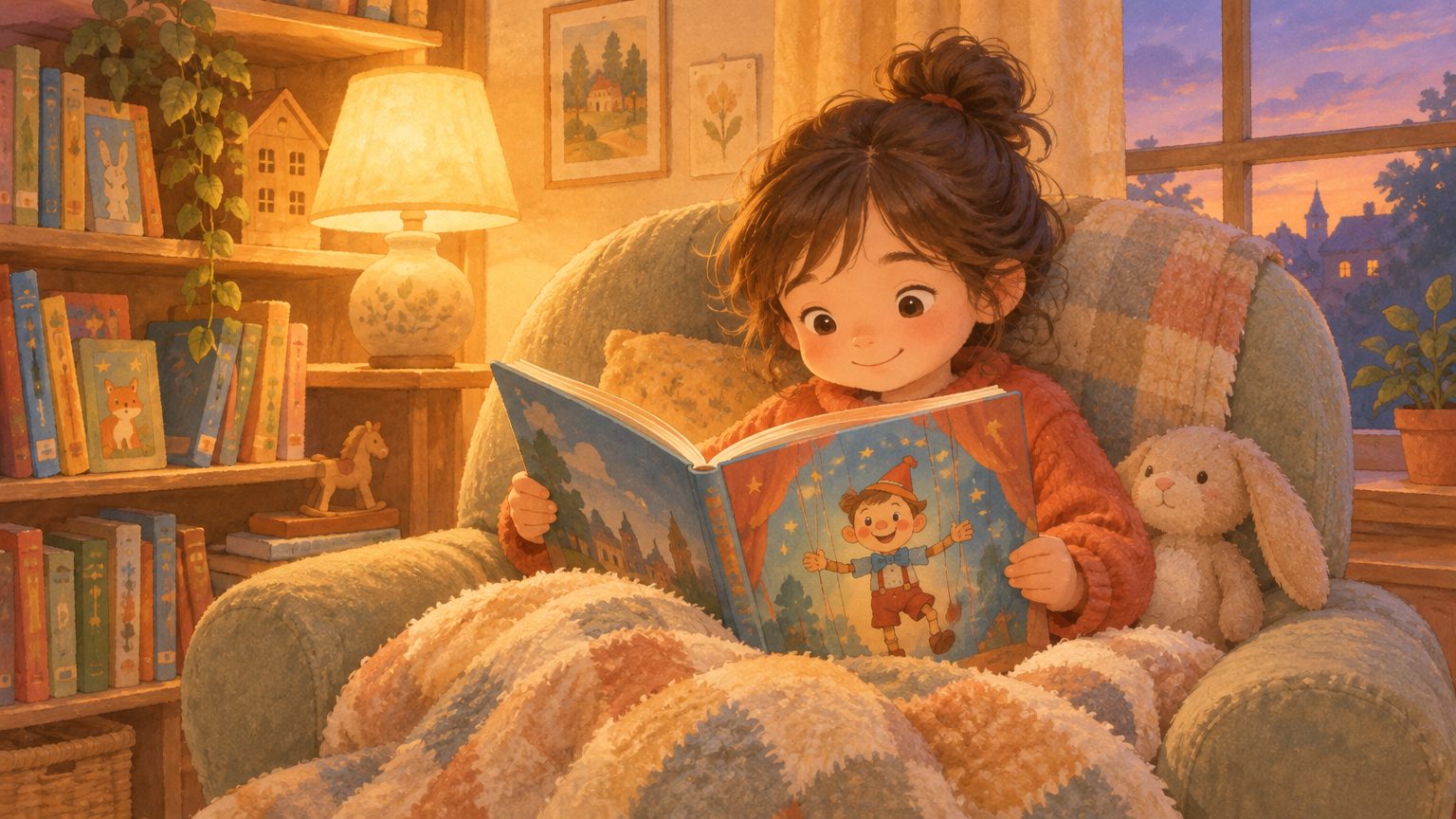 Criança no cantinho de leitura folheando um livro ilustrado de aventuras, com estante de livros ao fundo