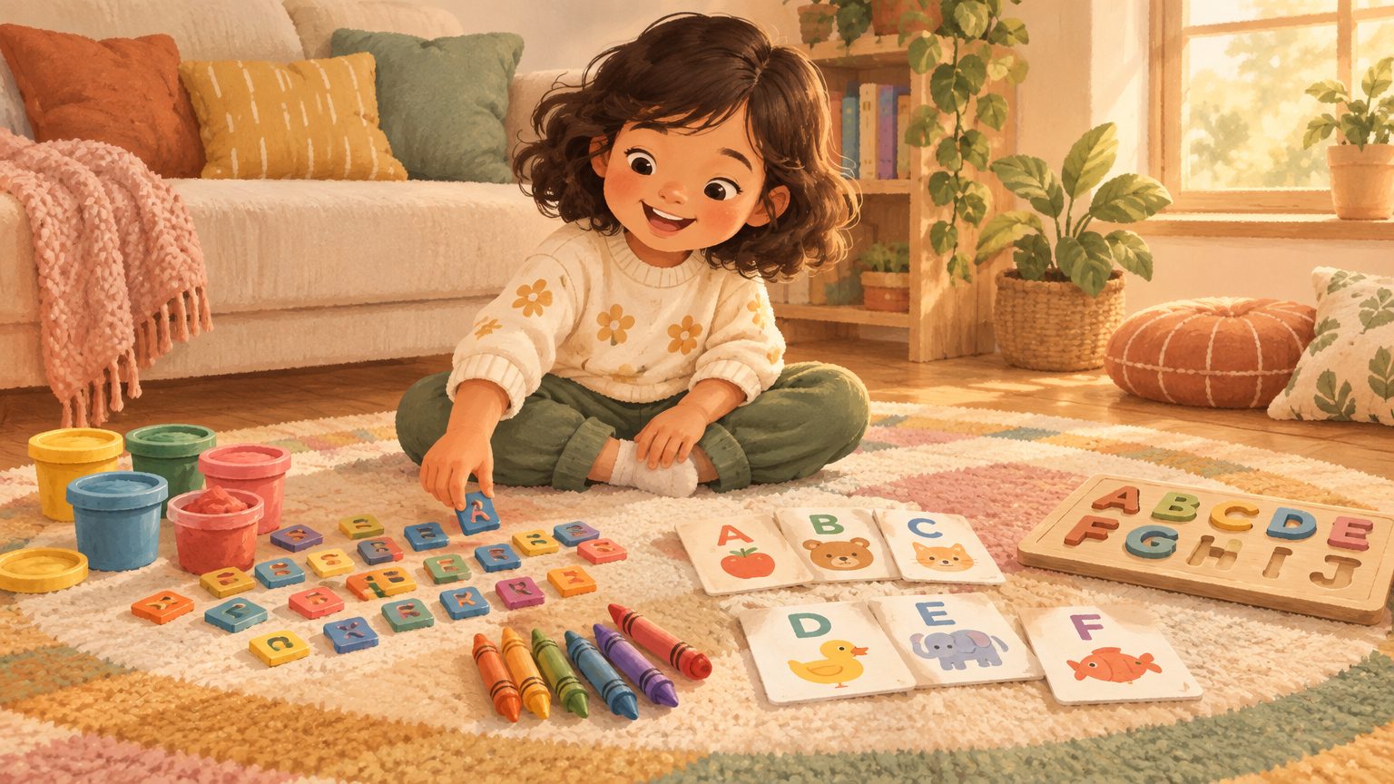 Criança na sala com kit completo de alfabetização espalhado no tapete, letras de ímã, massinha, giz e flashcards, capa de um guia de materiais de alfabetização
