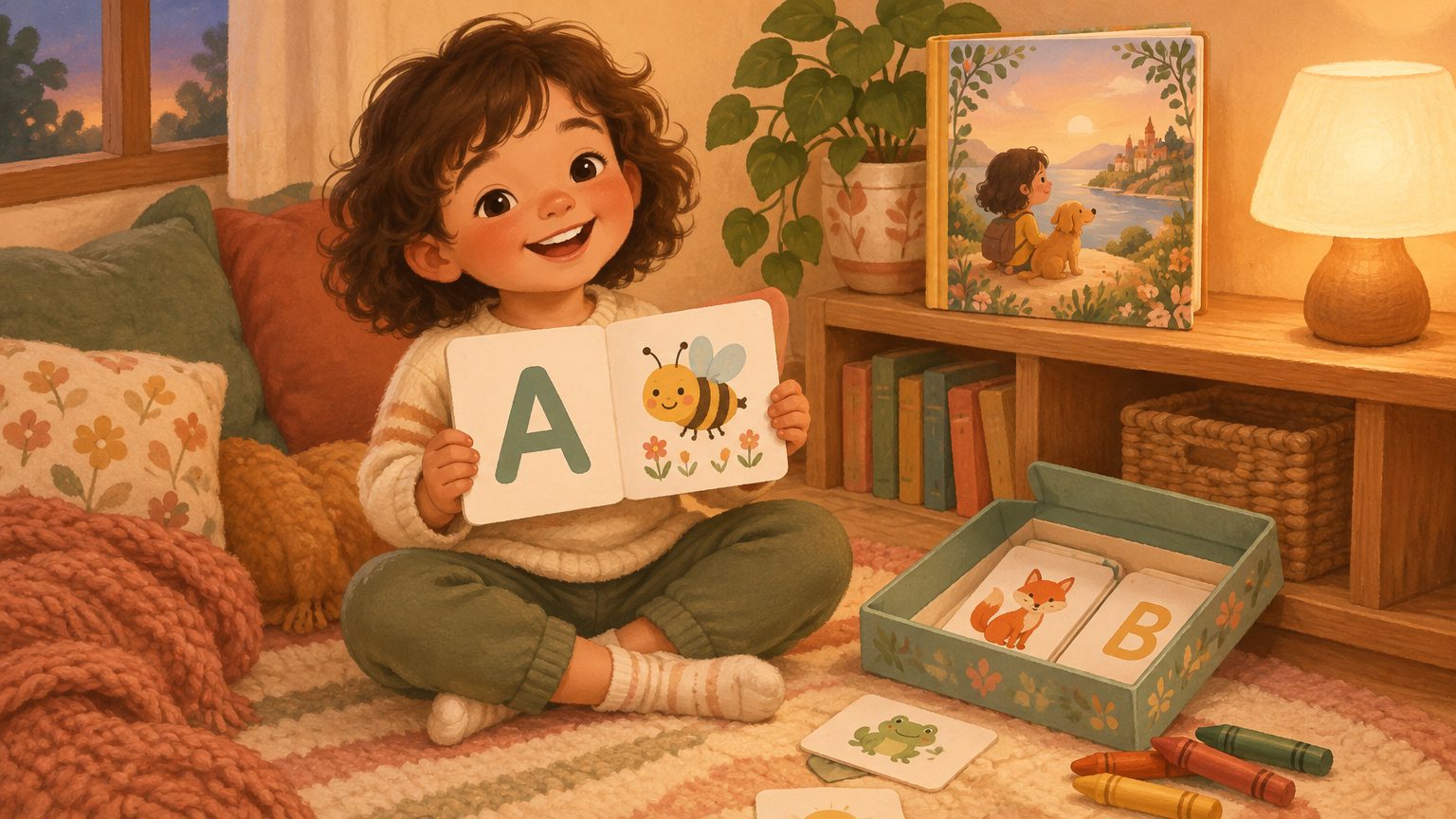 Criança segurando um flashcard ilustrado do alfabeto ao lado do kit aberto e do livro personalizado na estante