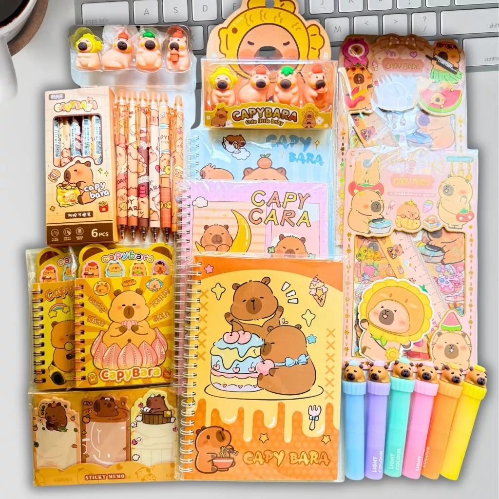 Kit Papelaria Capivara Completo Caderno Caneta Adesivos Lápis Borracha apontador