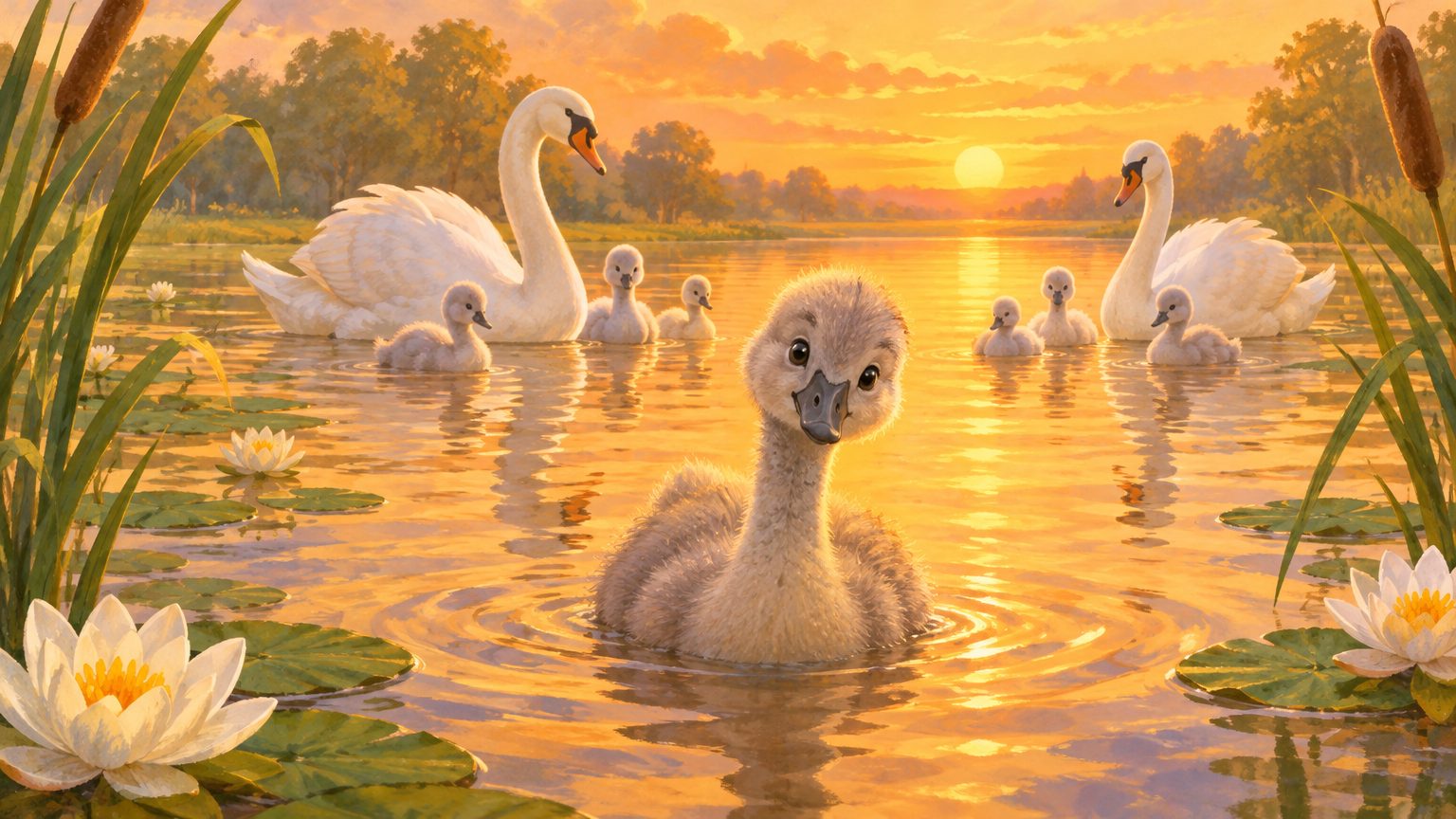 lago dourado com o patinho e os cisnes ao fundo