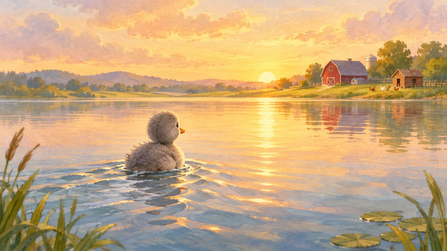 Patinho cinza nadando sozinho num lago dourado em busca de um lugar onde pertencer, em ilustração infantil acolhedora