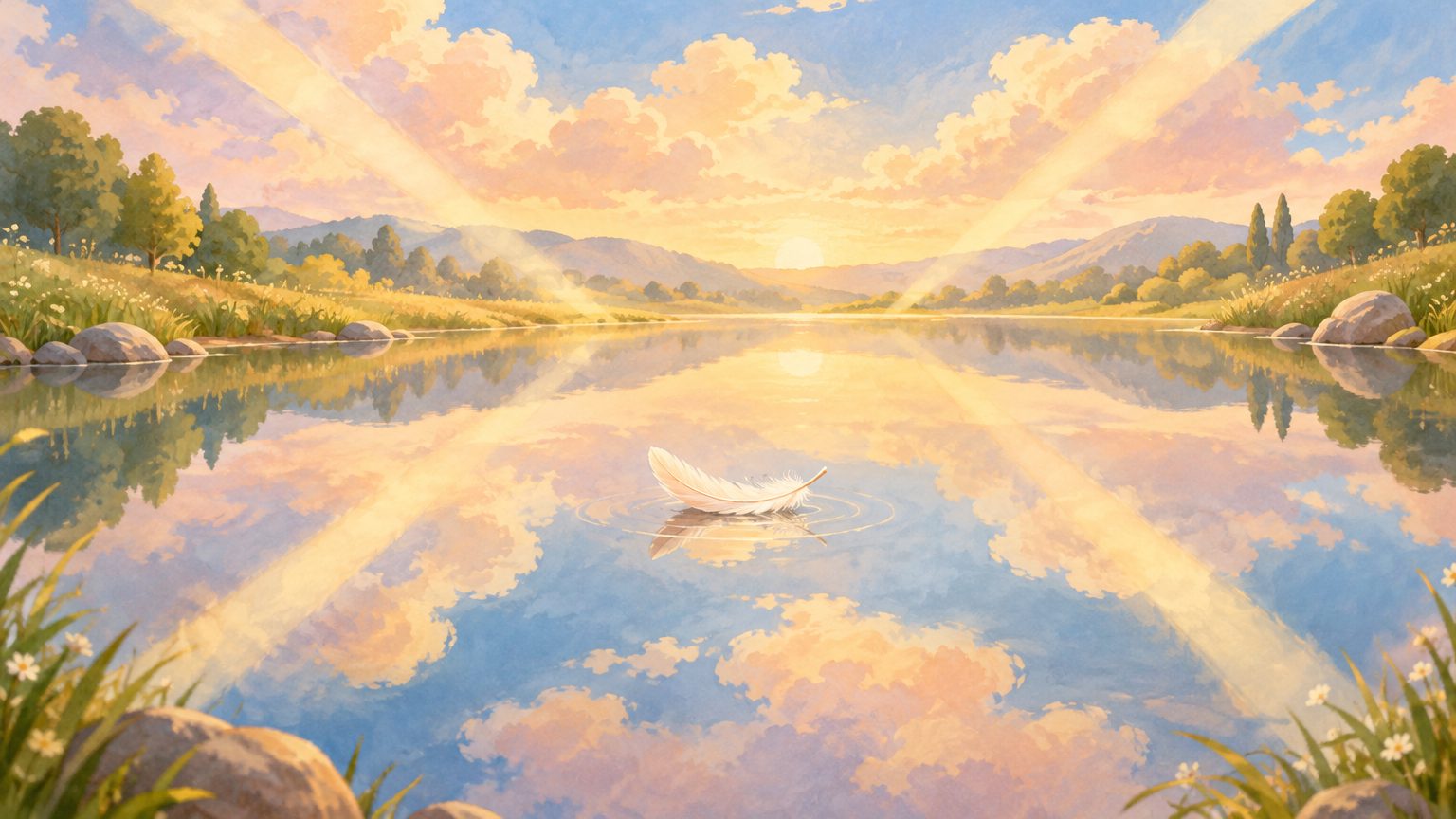 Lago calmo e espelhado refletindo o céu dourado, com uma pena branca flutuando na água tranquila