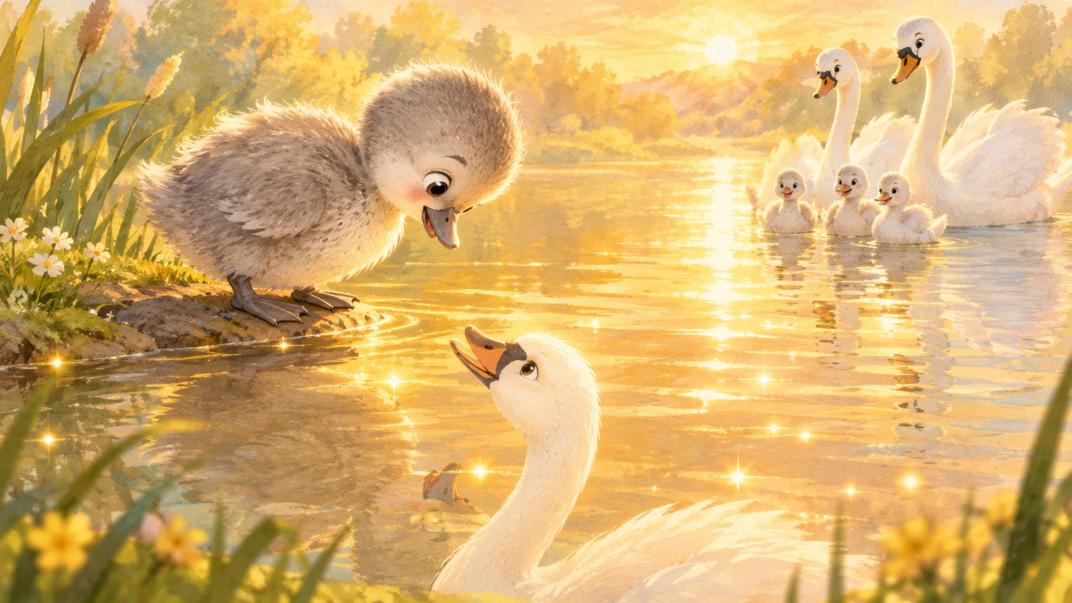 Cisne jovem brilhante nadando no lago dourado junto à família de cisnes, em ilustração infantil de final feliz