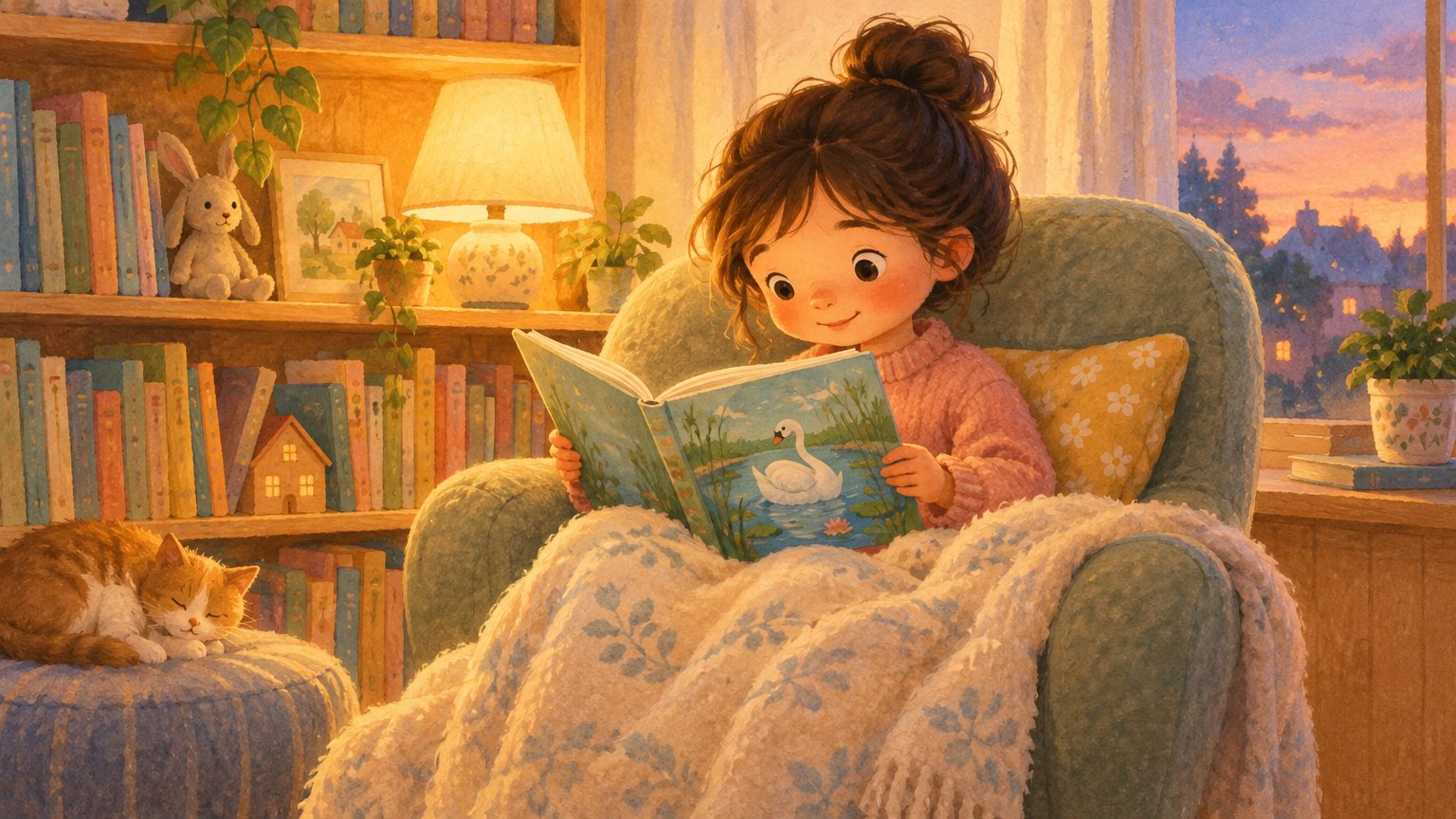 Criança no cantinho de leitura folheando um livro ilustrado de contos clássicos, com estante de livros ao fundo