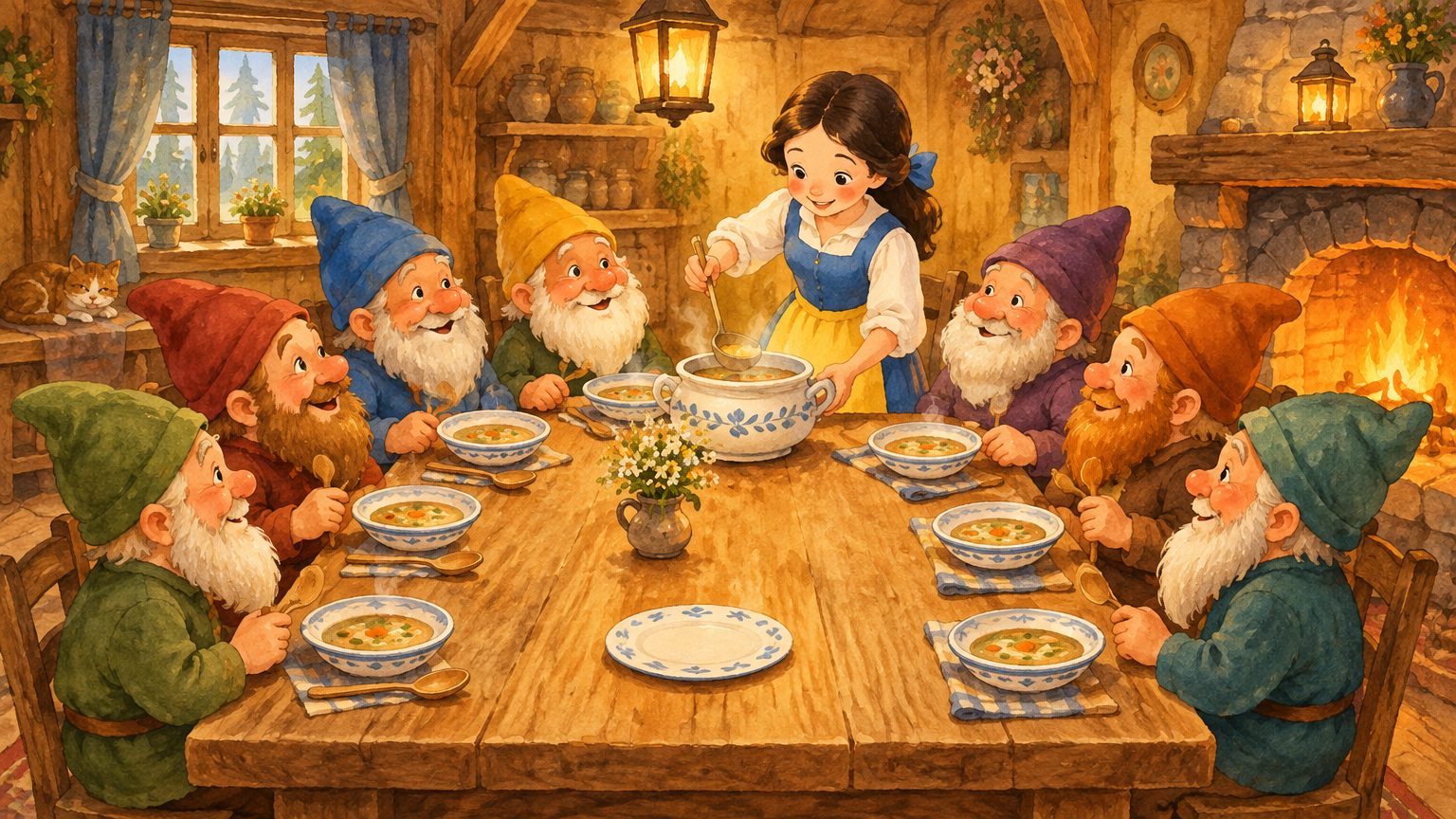 Branca de Neve e os sete anões jantando juntos na cabana da floresta, em ilustração infantil acolhedora