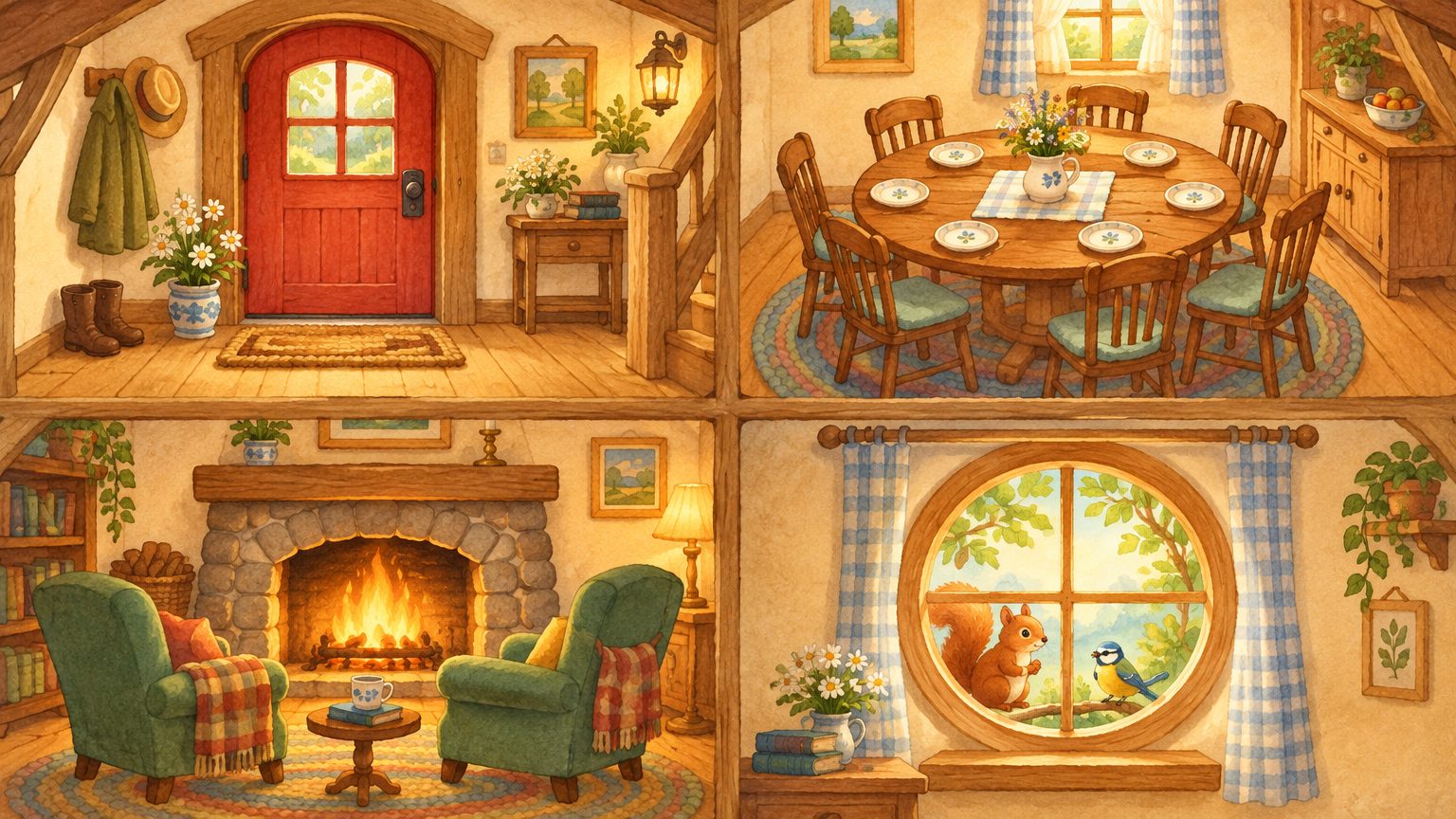 Corte ilustrado da cabana da floresta mostrando os quatro cantinhos: a porta, a mesa com sete pratinhos, a lareira e a janela com os animais