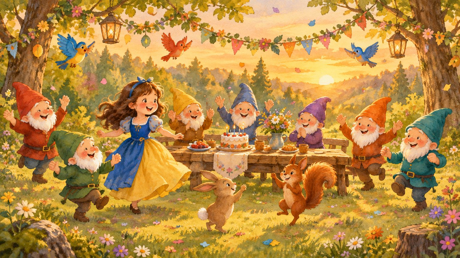 Festim na clareira da floresta com Branca de Neve, os sete anões e os animais, em ilustração infantil de final feliz