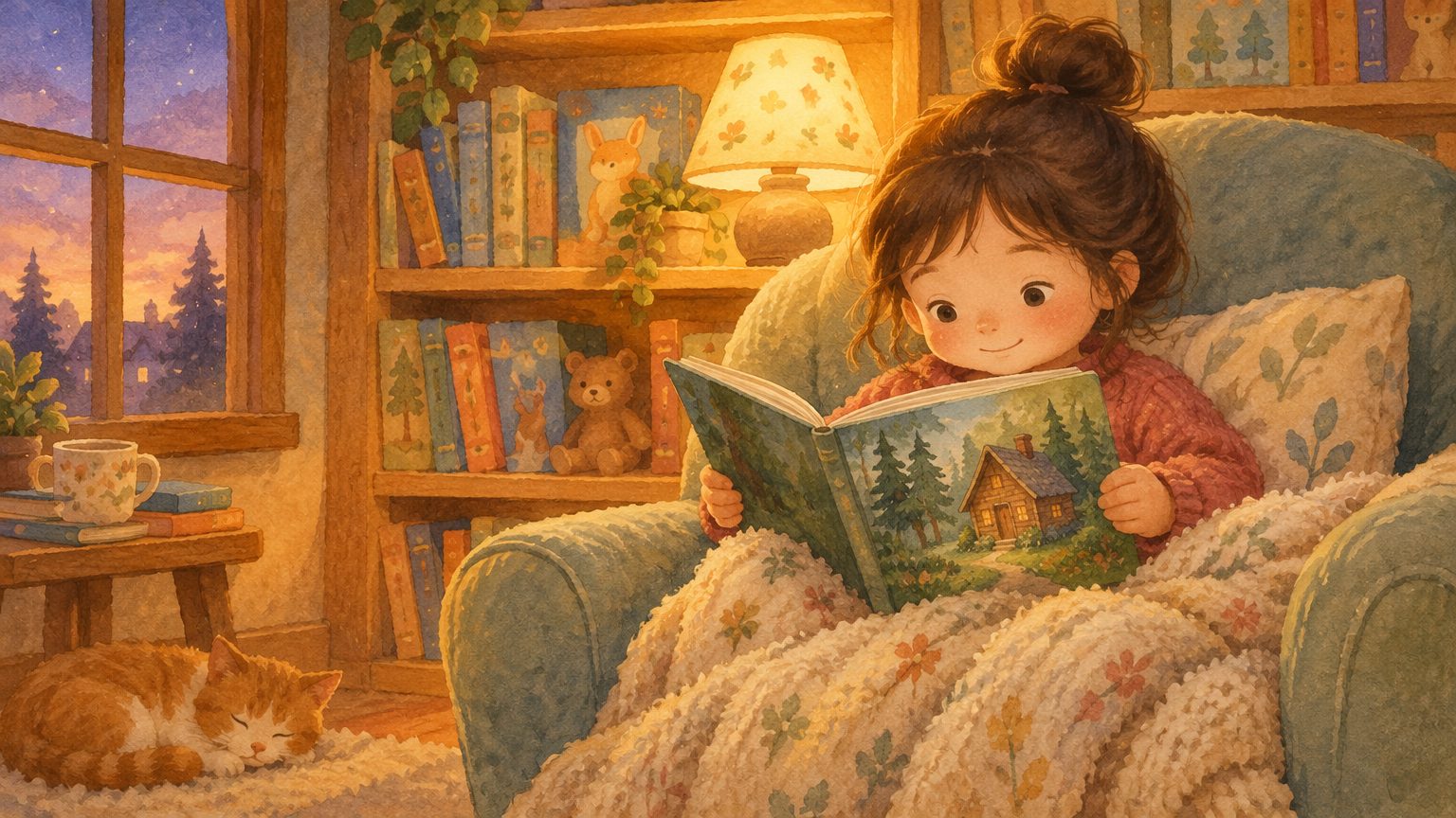 Criança no cantinho de leitura folheando um livro ilustrado com a cabana da floresta na capa, com estante de livros ao fundo