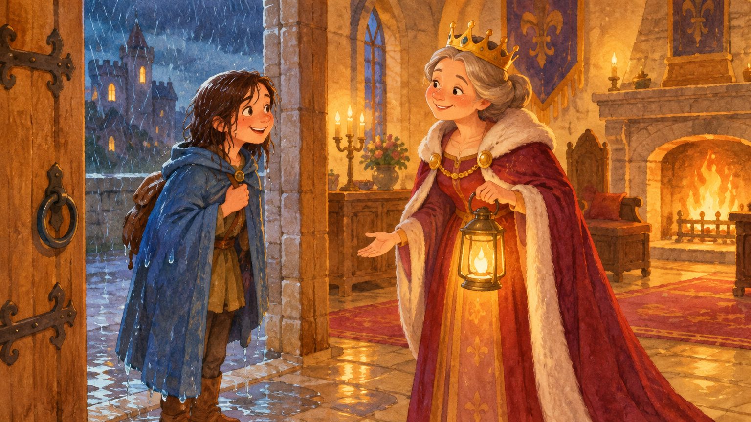 Moça viajante molhada sendo recebida pela rainha na porta do castelo numa noite de tempestade, em ilustração infantil acolhedora