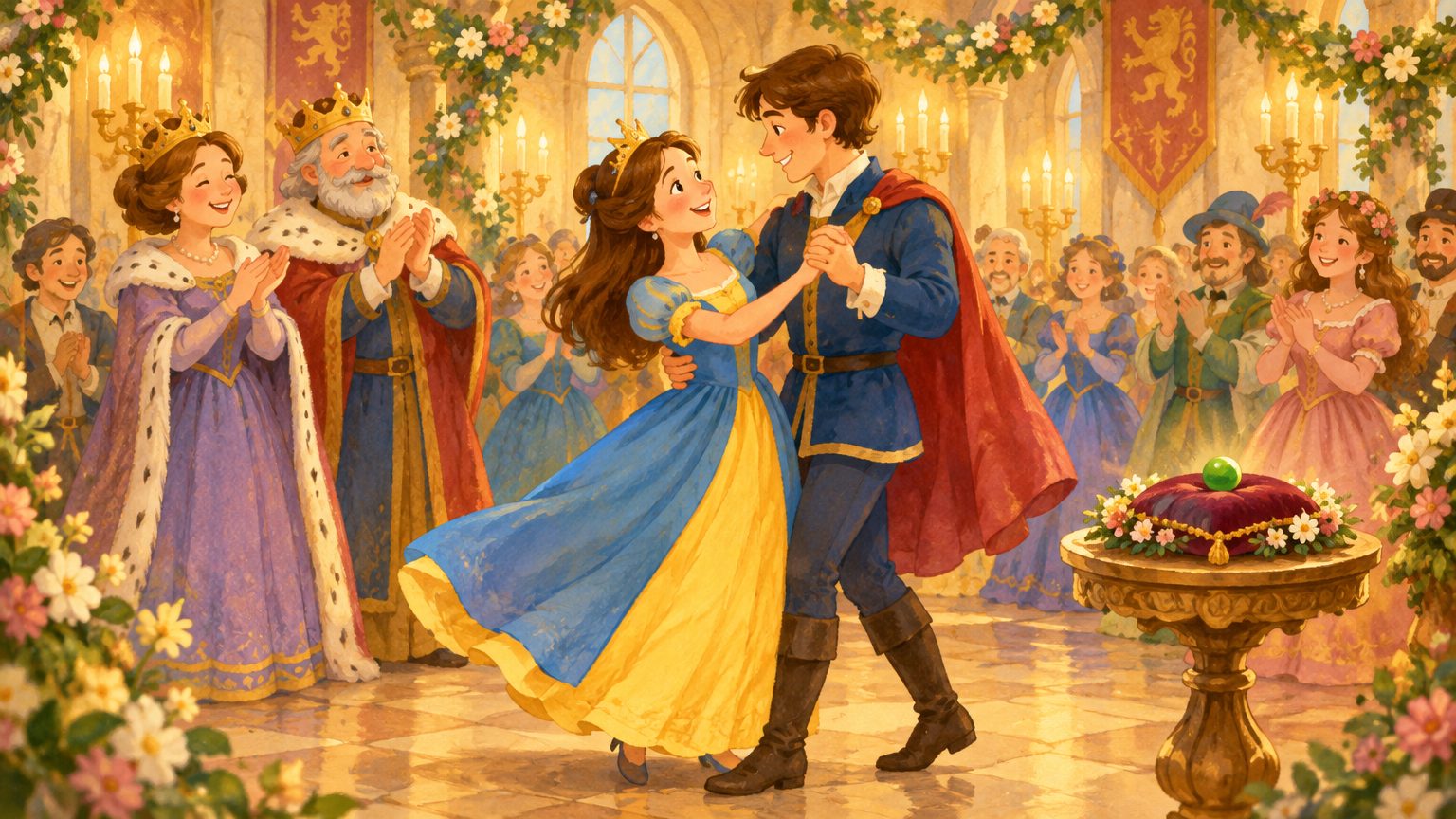 Festa de casamento no salão do trono com a princesa dançando com o príncipe e a ervilha exposta num pedestal, em ilustração infantil de final feliz