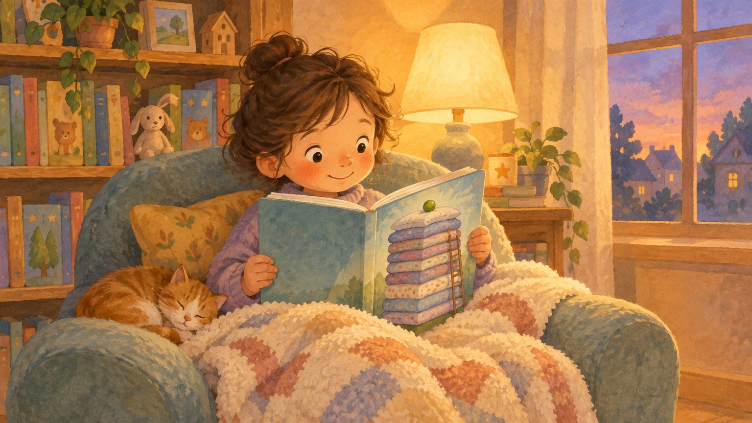 Criança no cantinho de leitura folheando um livro ilustrado com a pilha de colchões na capa, com estante de livros ao fundo
