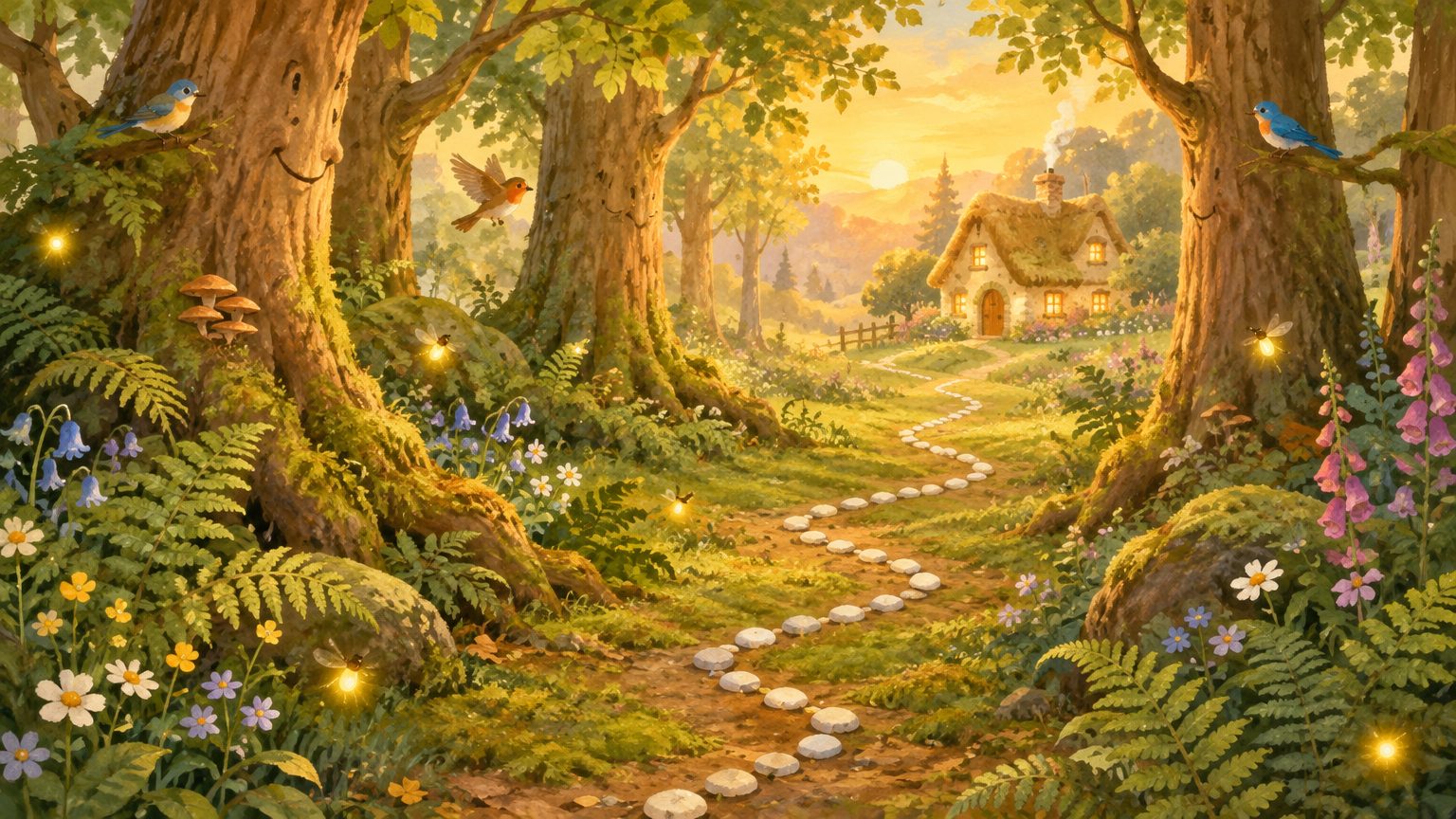 trilha da floresta com o rastro de pedrinhas e a casa ao fundo