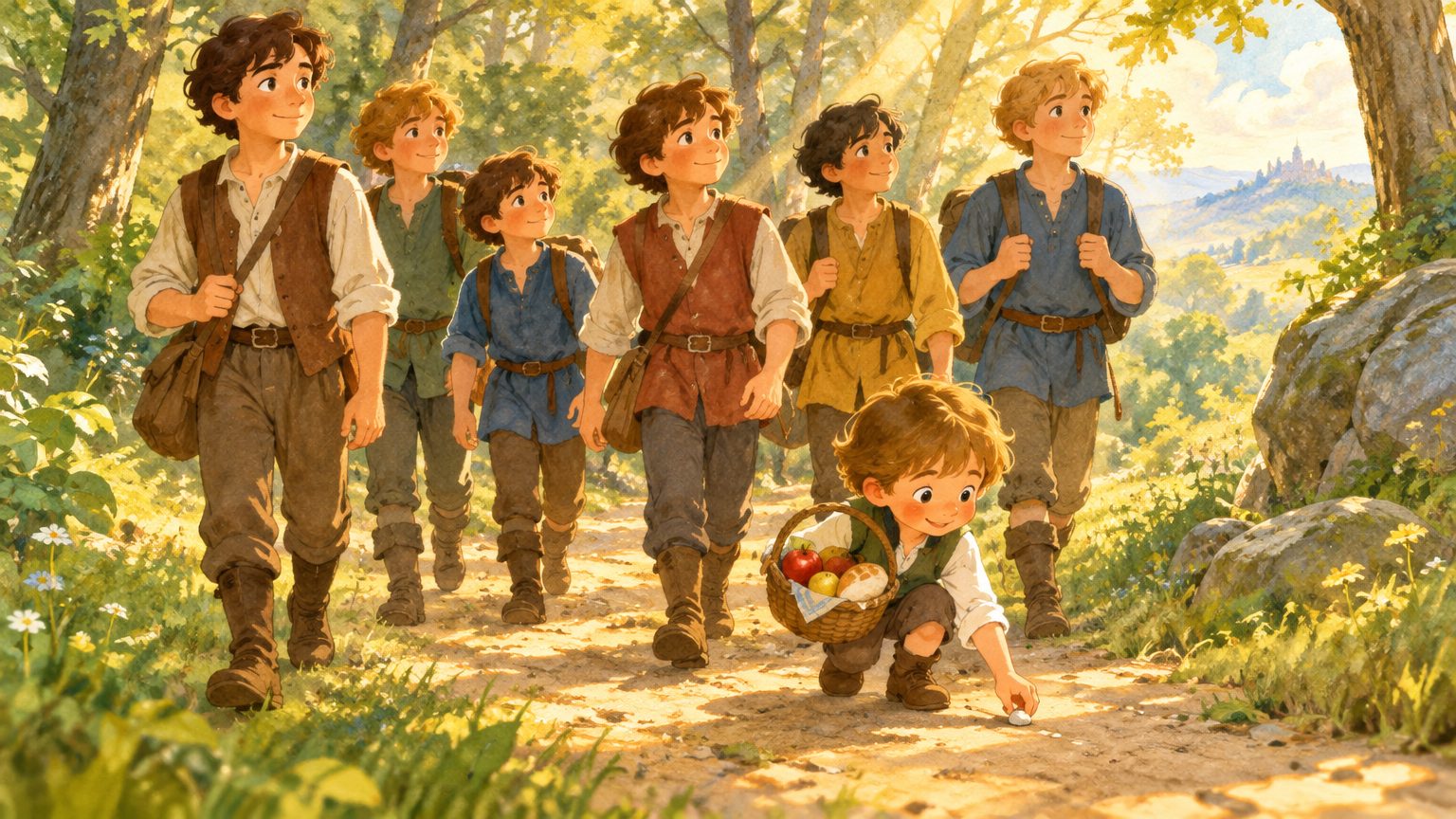 Pequeno Polegar deixando um rastro de pedrinhas brancas na trilha da floresta com os irmãos, em ilustração infantil acolhedora