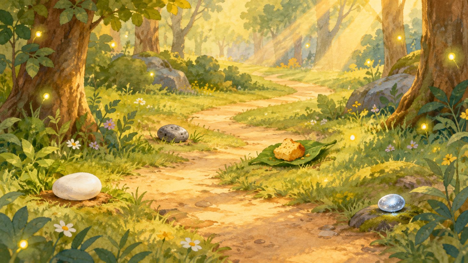 Trilha da floresta com quatro marcadores: uma pedrinha branca, uma pedrinha cinza, uma migalha de pão e uma pedrinha prateada do luar