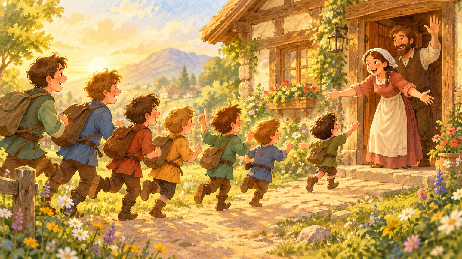 Os sete irmãos voltando para casa ao amanhecer com o Pequeno Polegar na frente, em ilustração infantil de final feliz