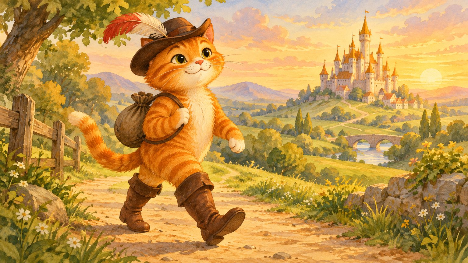 o gato de botas na estrada com o castelo ao fundo