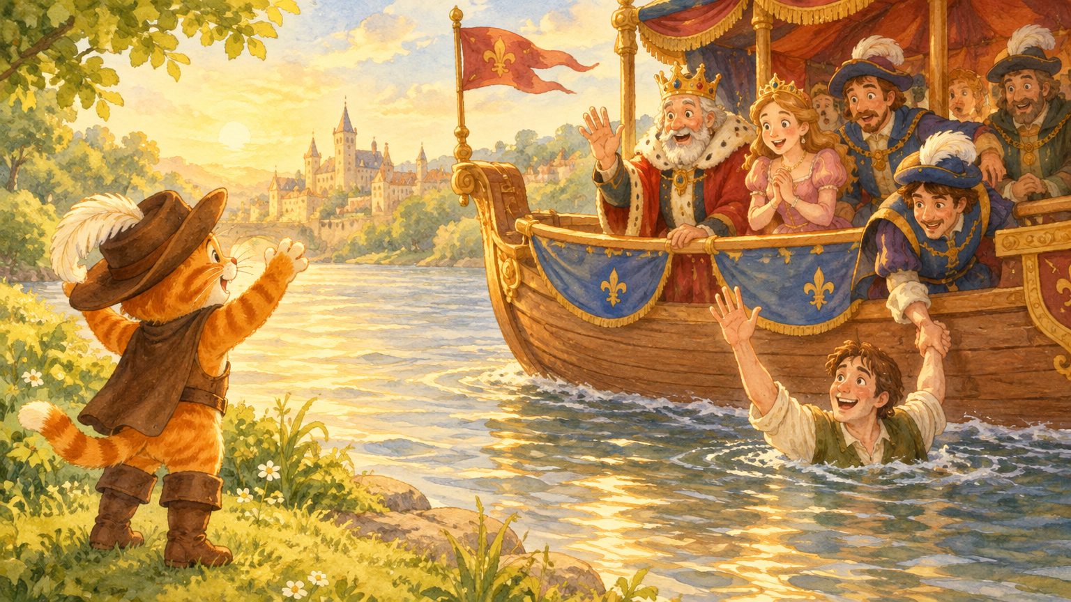 O gato de botas chamando o barco do rei para resgatar João no rio, em ilustração infantil alegre