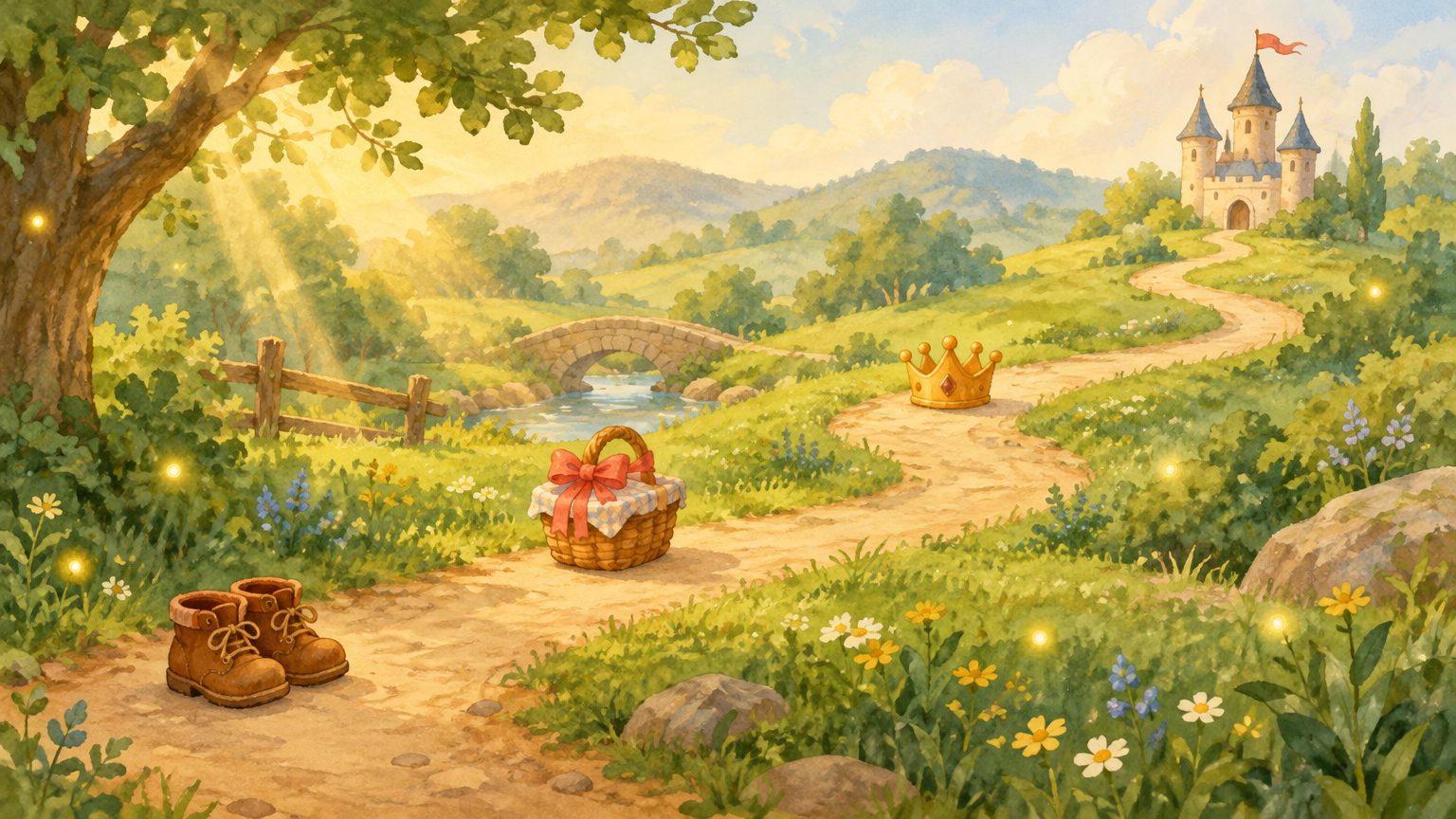 Caminho do campo com quatro marcos: um par de botinhas, uma cesta de presente, uma coroa dourada e um pequeno castelo