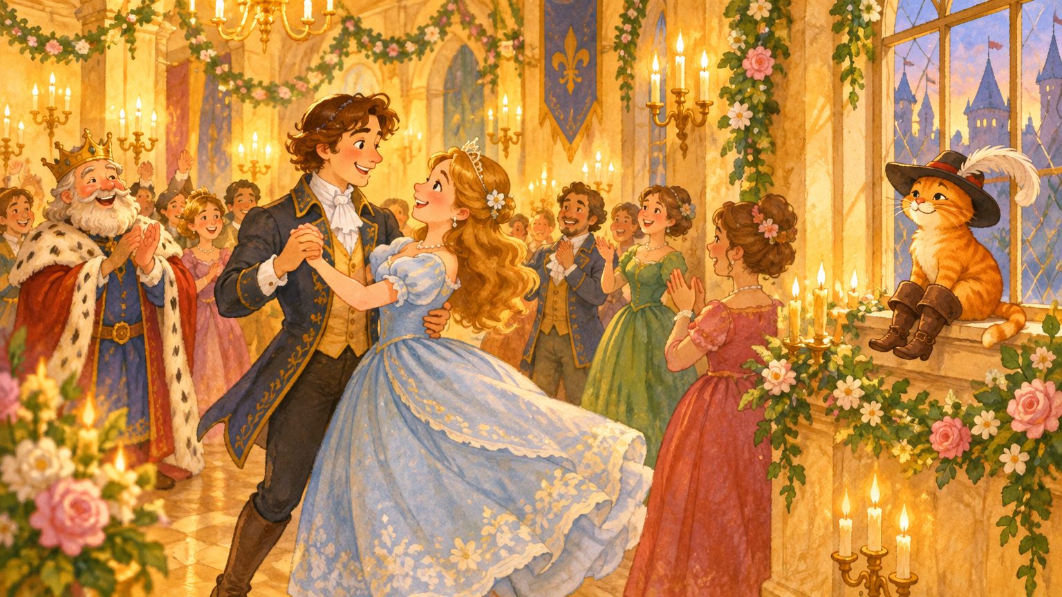 Festim no salão do castelo com João, a princesa e o gato de botas na janela, em ilustração infantil de final feliz