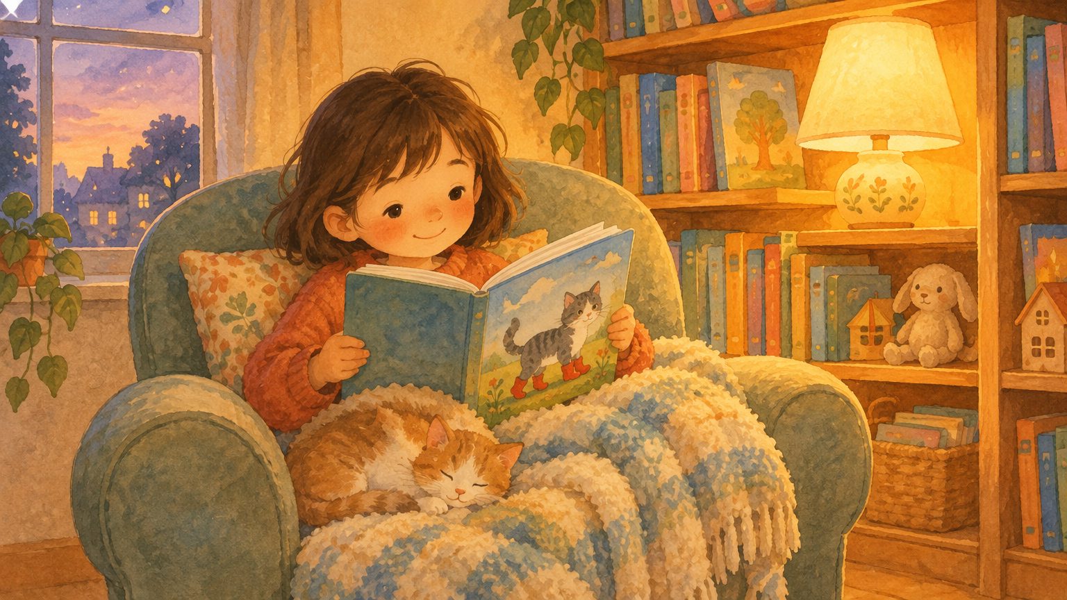 Criança no cantinho de leitura folheando um livro ilustrado com o gato de botas na capa, com estante de livros ao fundo