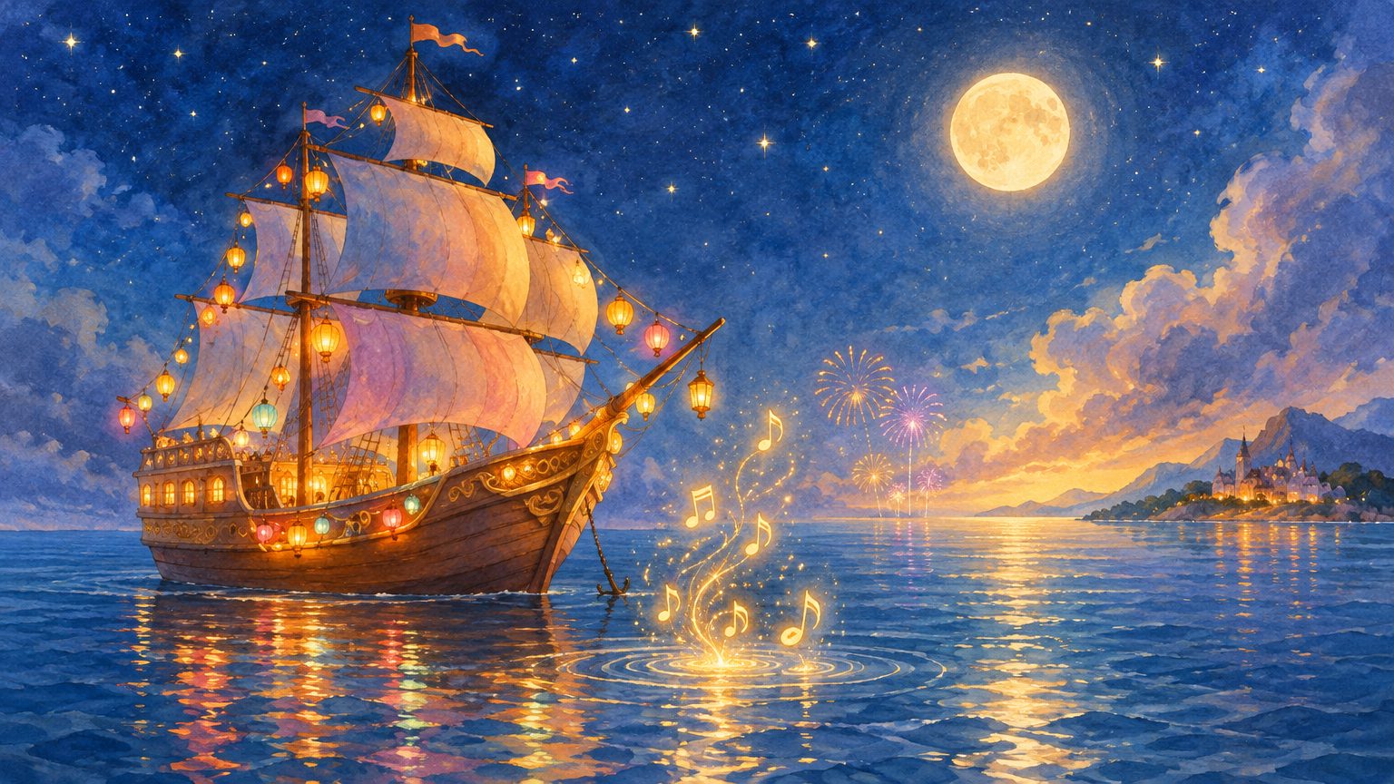 Navio do príncipe com lanternas coloridas ao luar, com notas de luz douradas subindo do mar, em ilustração infantil mágica