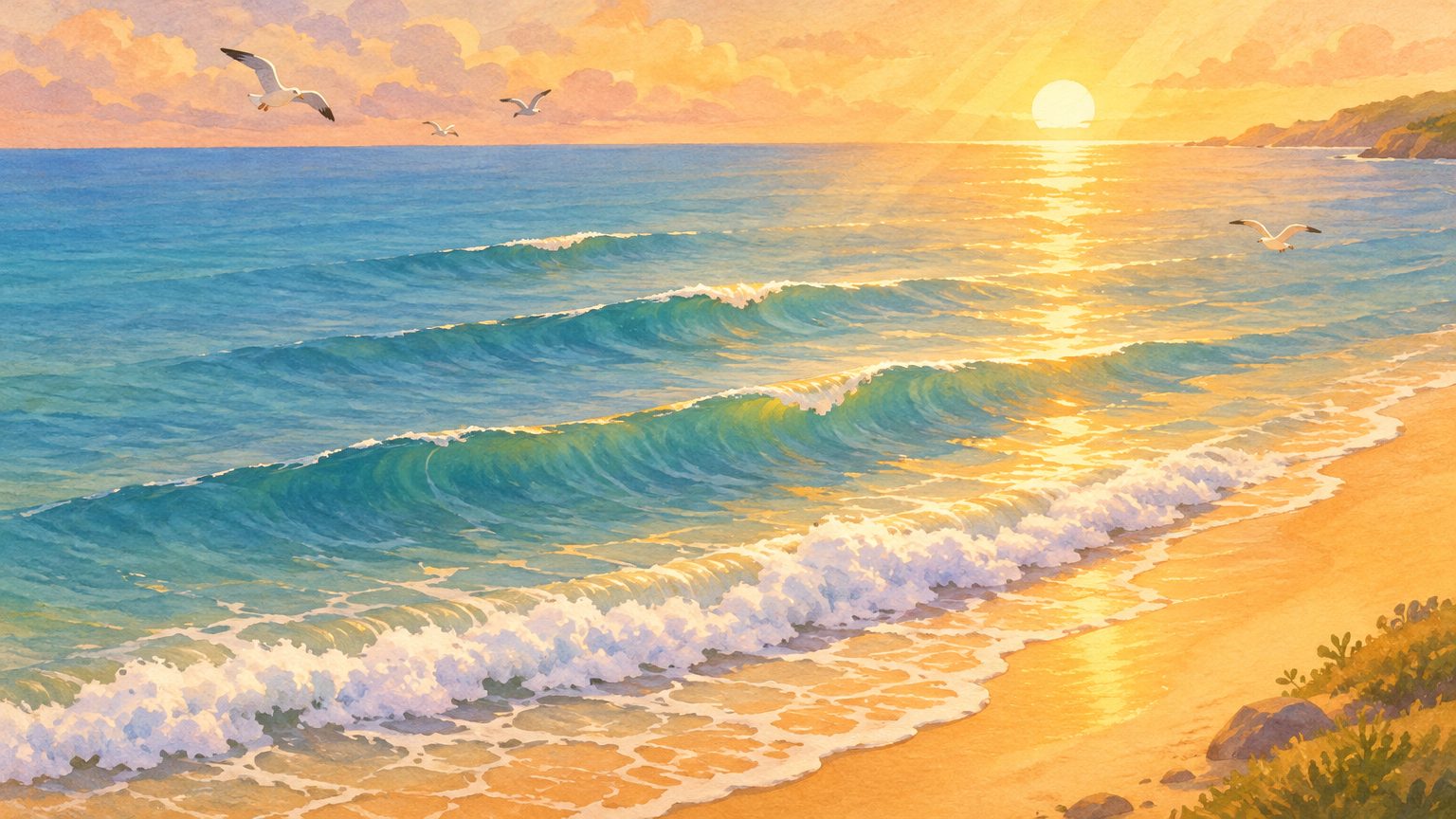 Mar sereno ao pôr do sol com quatro ondas gentis em tamanhos diferentes, em ilustração infantil simbólica