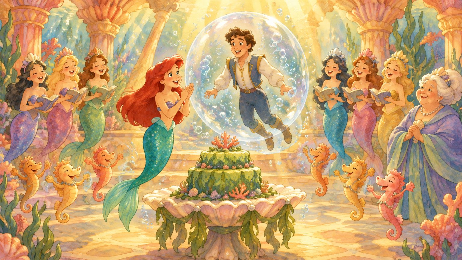 Festim no palácio de coral no fundo do mar com a sereia, o príncipe e as irmãs, em ilustração infantil de final feliz