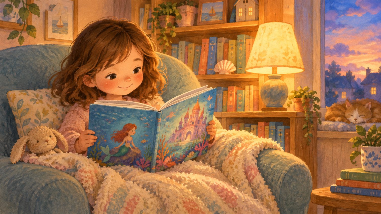 Criança no cantinho de leitura folheando um livro ilustrado com a sereia na capa, com estante de livros ao fundo