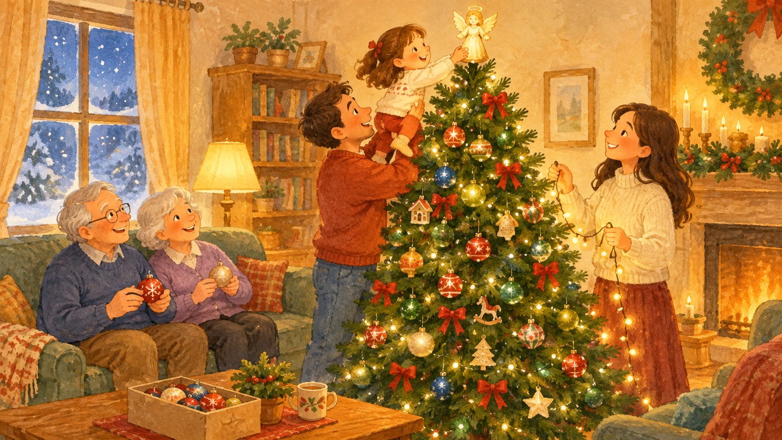 Família decorando o pinheirinho de Natal com luzes douradas e bolas coloridas na sala de casa, em ilustração infantil acolhedora