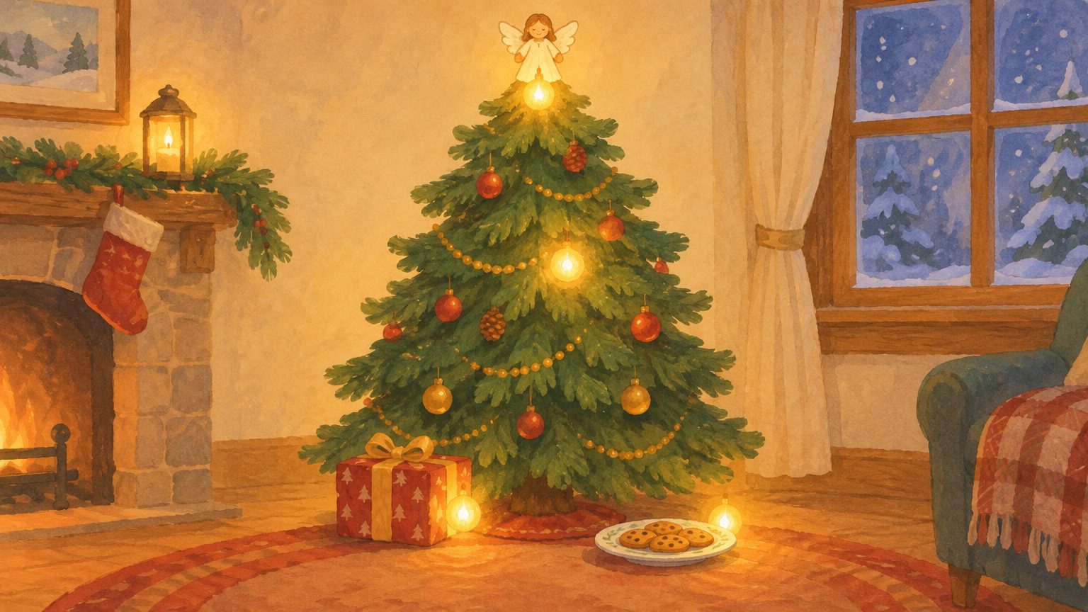 Pinheirinho de Natal com quatro luzes douradas bem visíveis: no topo junto ao anjinho, no meio dos galhos, ao lado do presente e na base junto aos biscoitos