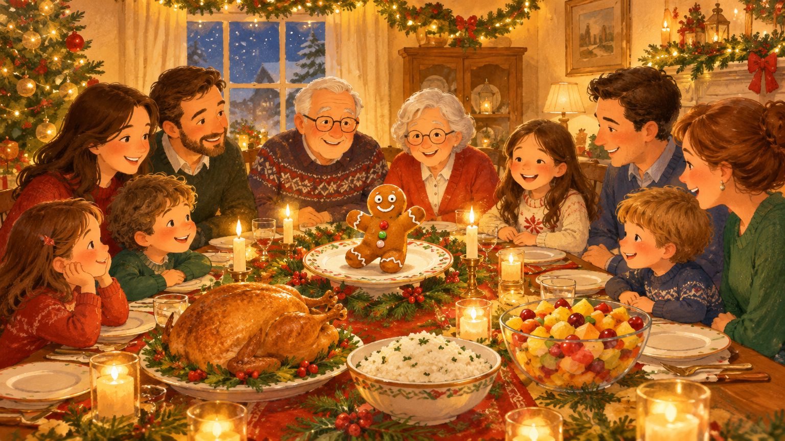 Ceia de Natal com a família reunida à mesa festiva e o biscoito torto no centro, em ilustração infantil acolhedora