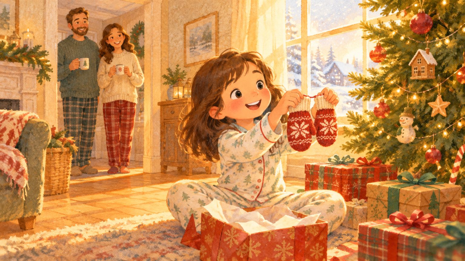 Criança abrindo presentes de Natal na manhã do dia 25, ao lado do pinheirinho iluminado, em ilustração infantil de final feliz