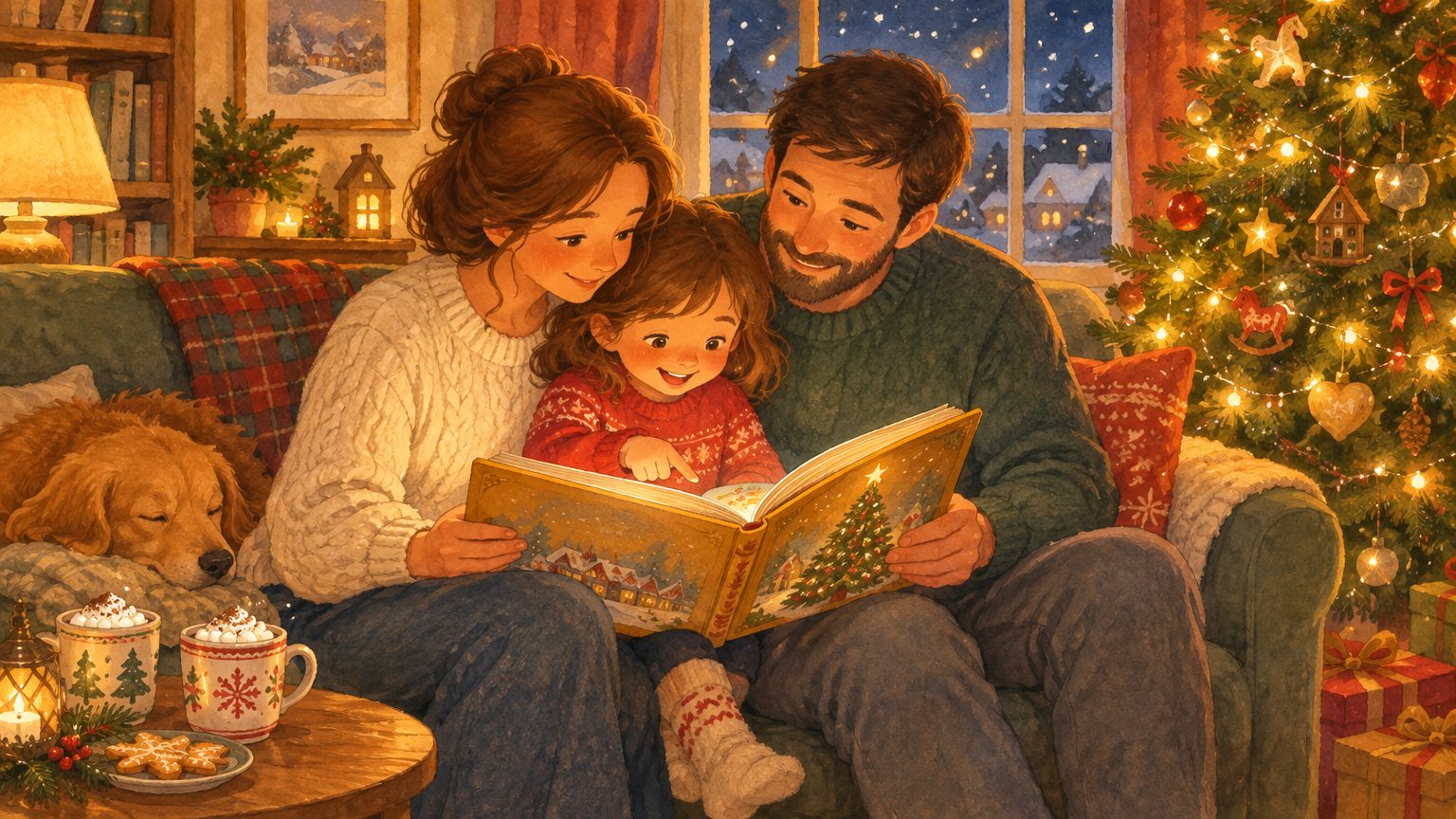 Criança no sofá entre os pais, apontando feliz para o livro ilustrado de Natal com a árvore iluminada ao lado