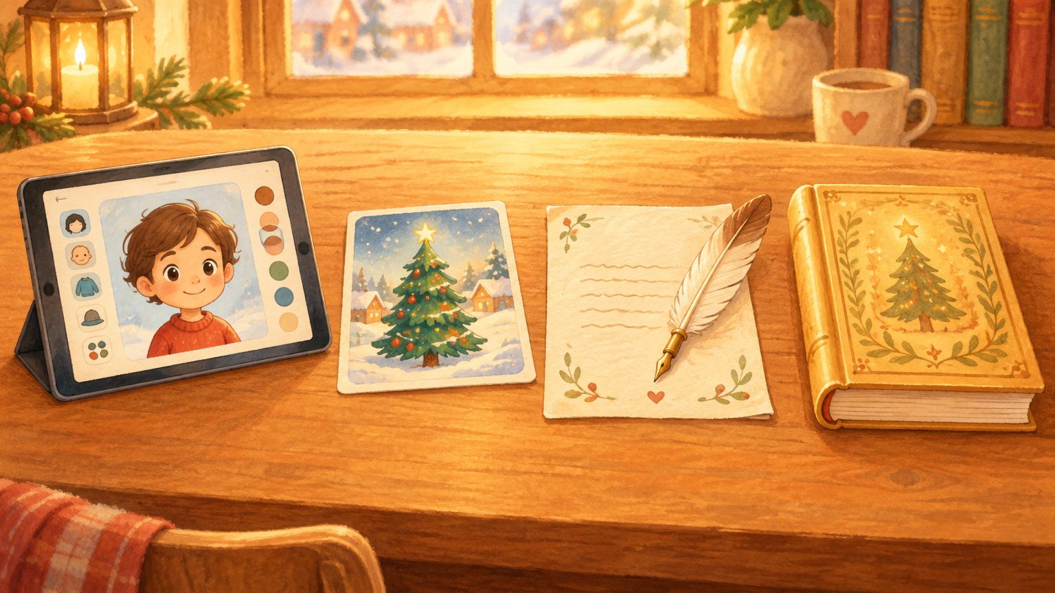 Mesa acolhedora com quatro itens simbólicos: tablet com avatar sendo personalizado, cartão do cenário natalino, papel com pena para a dedicatória e o livro ilustrado pronto