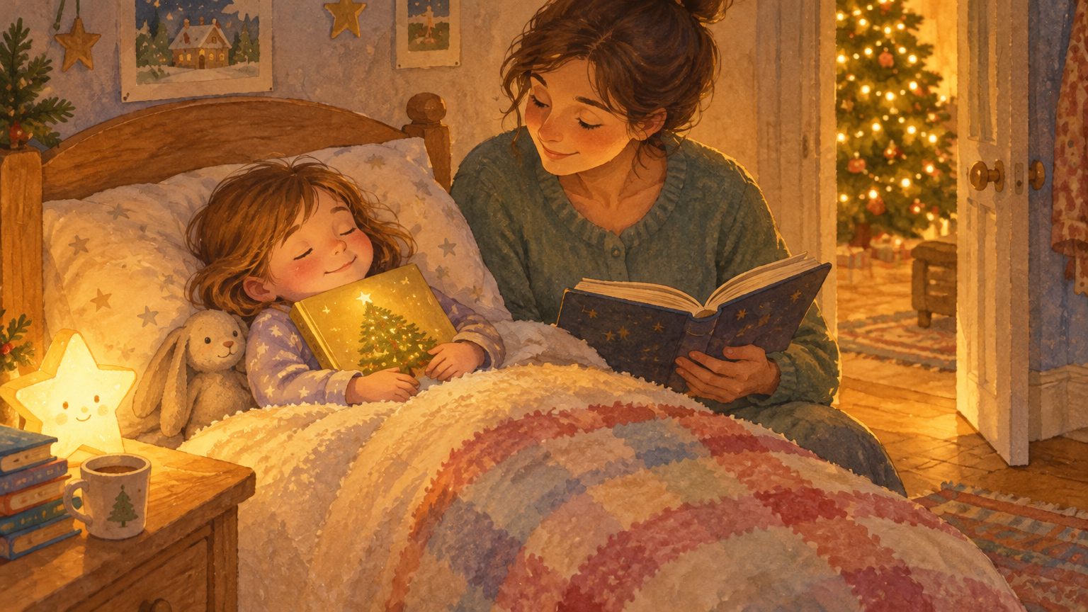 Criança de pijama no travesseiro da véspera abraçando o livro de Natal enquanto a mãe lê ao lado da luzinha noturna