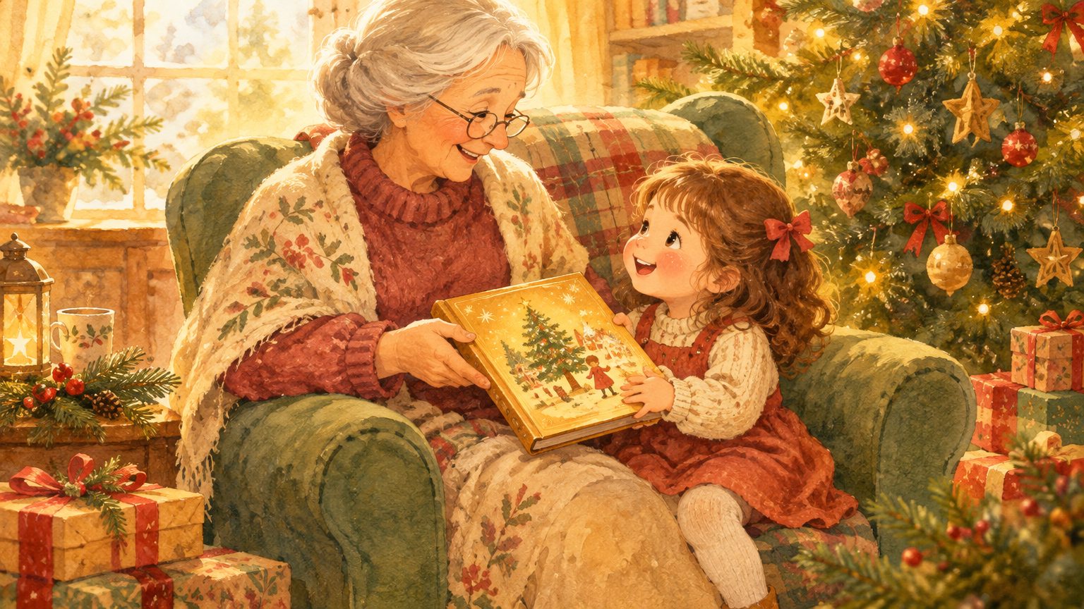Avó sorridente entregando o livro ilustrado de Natal à criança, sentadas na poltrona ao lado do pinheirinho