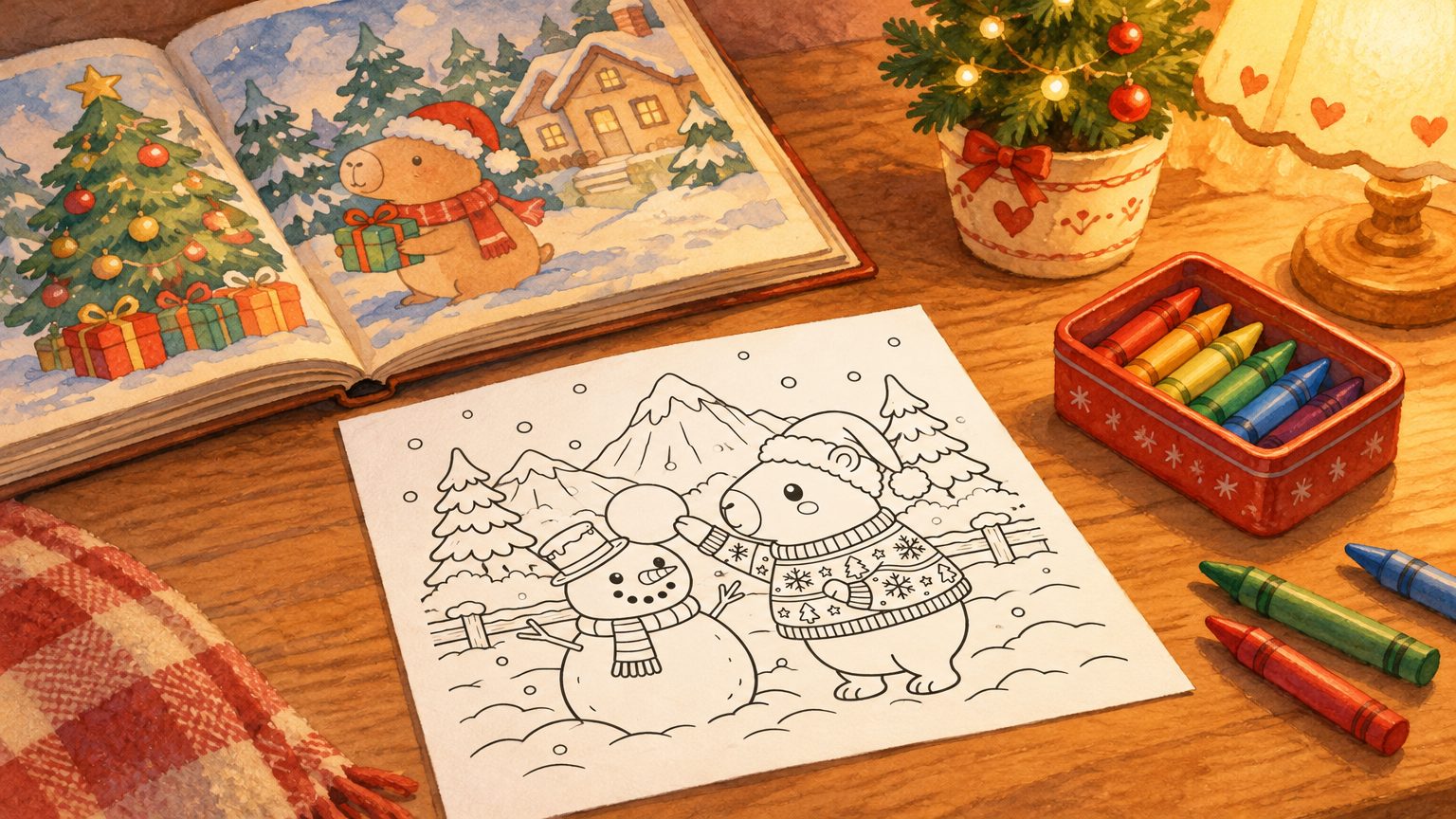 mesa com a folha CapiGoods da capivara de Noel visível