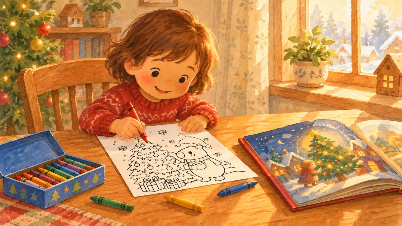 Criança colorindo com giz de cera vermelho a folha para colorir do CapiGoods com a capivara de Papai Noel em contorno preto, com o livro de histórias aberto ao lado na mesa de madeira